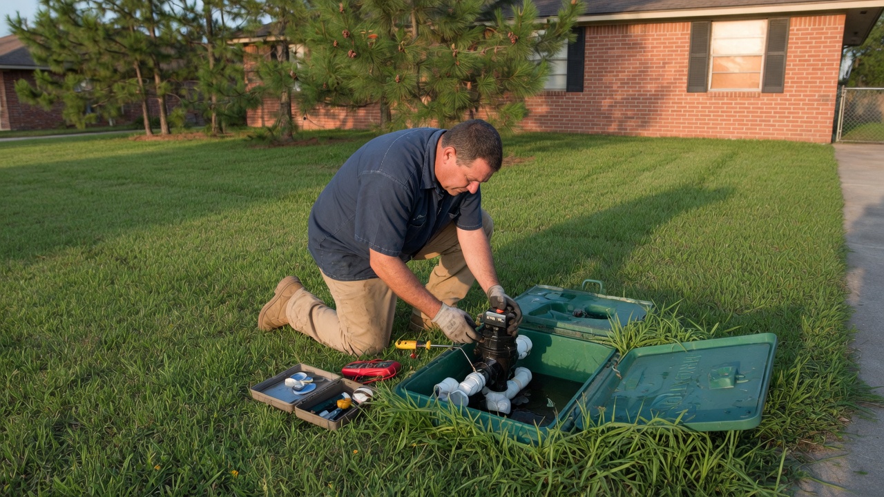 Spring Sprinkler Repair technician talking with a Spring homeowner